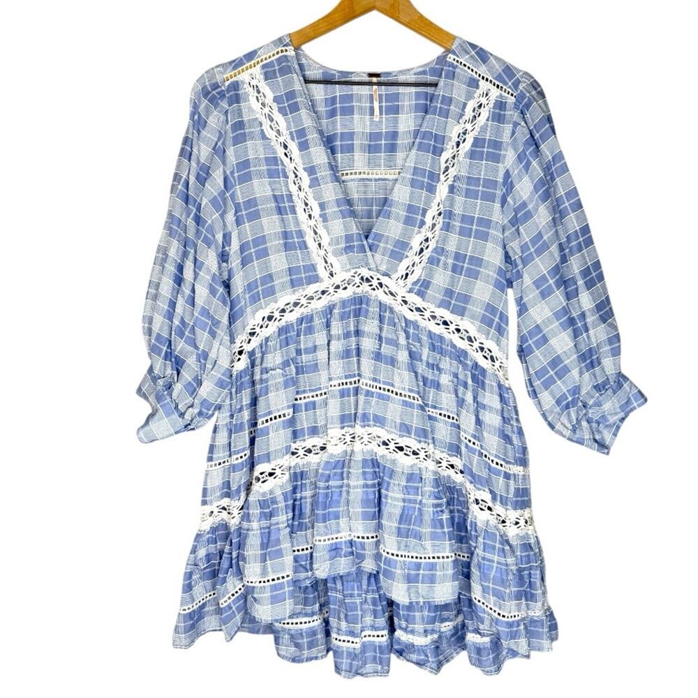 Free People Time Out Eyelet Tunic Top Blue & White Size XS cotton